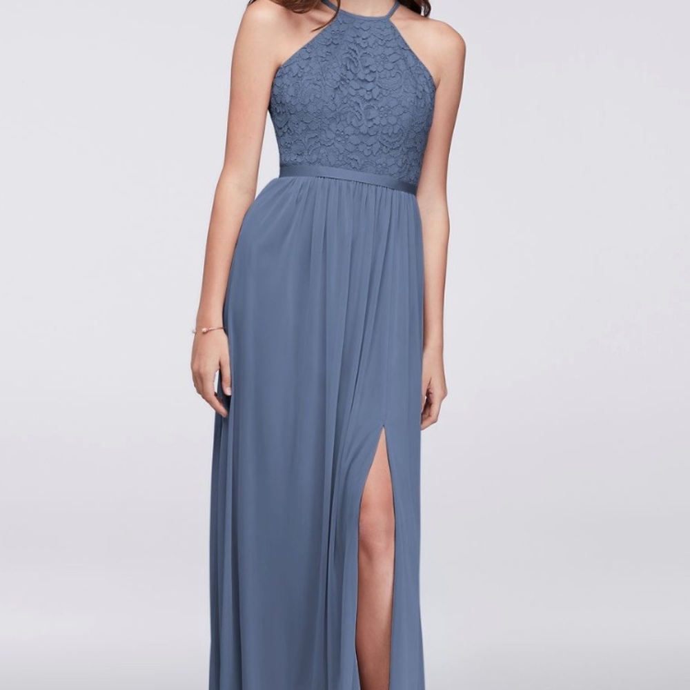 Steel Blue Open Back Lace and Mesh Dress